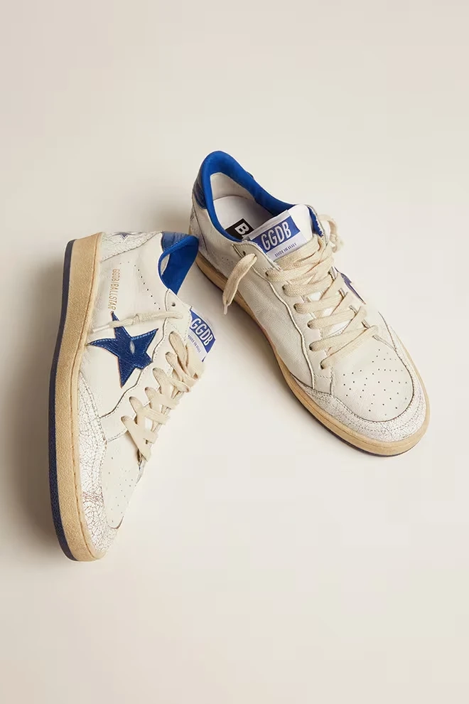 Womens Ball Star in white nappa with bright blue metallic leather star and heel tab