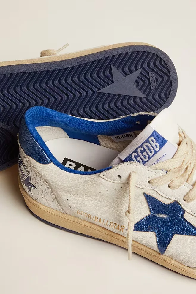 Womens Ball Star in white nappa with bright blue metallic leather star and heel tab
