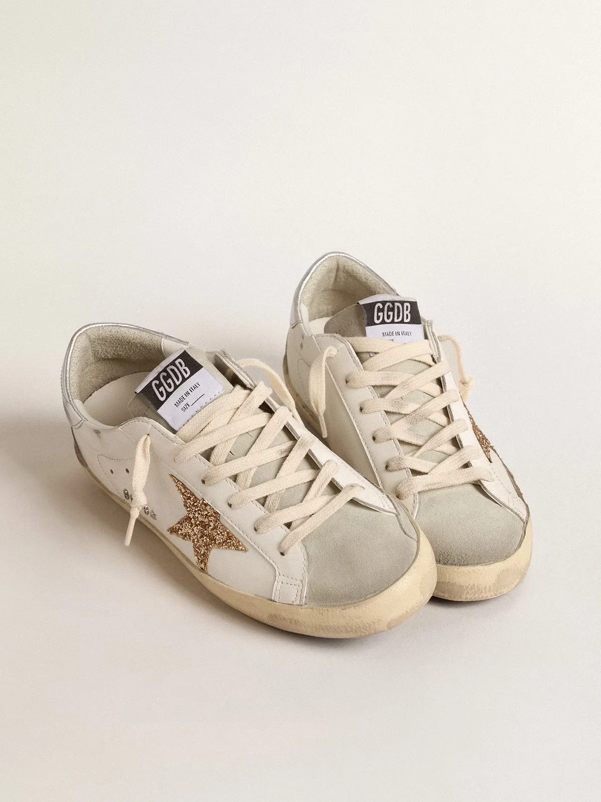 Womens Super Star with gold glitter star and ice gray suede inserts